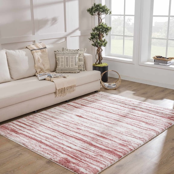 Hauteloom Mette Living Room, Bedroom Shaggy Area Rug - Bohemian Modern Striped Farmhouse Shag - Fluffy Soft Touch High Pile - Pink, Blush, White - 7'10" x 10'