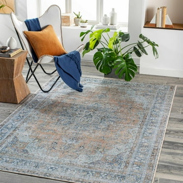 Hauteloom Mianay Living Room, Bedroom Machine Washable Area Rug - Traditional - Blue, Slate Blue, Beige - 18" Sample