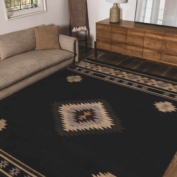 Hauteloom Apache Living Room, Bedroom Area Rug - Geometric Diamond Medallion - Southwestern Tribal Navajo - Black, Beige, Cream - 1'10" x 2'11"