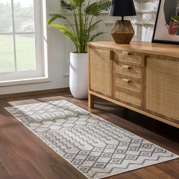 Hauteloom Midstream Hallway, Kitchen Machine Washable Runner Rug - Bohemian, Transitional - Teal, Gray, Beige - 2'7" x 7'3"