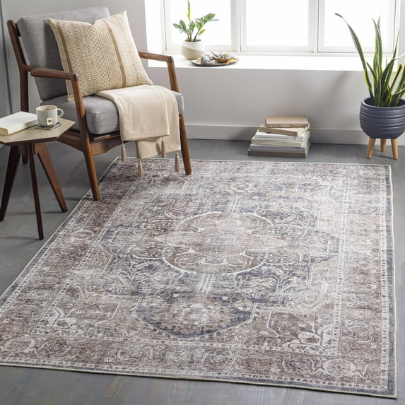 Hauteloom Mignon Oriental Medallion Living Room Bedroom Area Rug - 0.04" Pile Height - Machine Washable - Vintage Distressed - Traditional Faded - Brown, Navy Blue, Beige - 5'3" x 7'3"