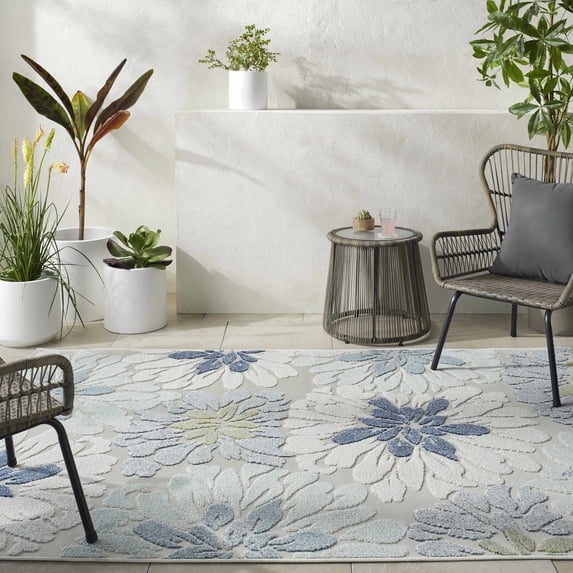 Hauteloom Minga Living Room, Bedroom Patio Outdoor Area Rug - Coastal - Cream, Light Slate, Pale Blue - 5'3" x 7'