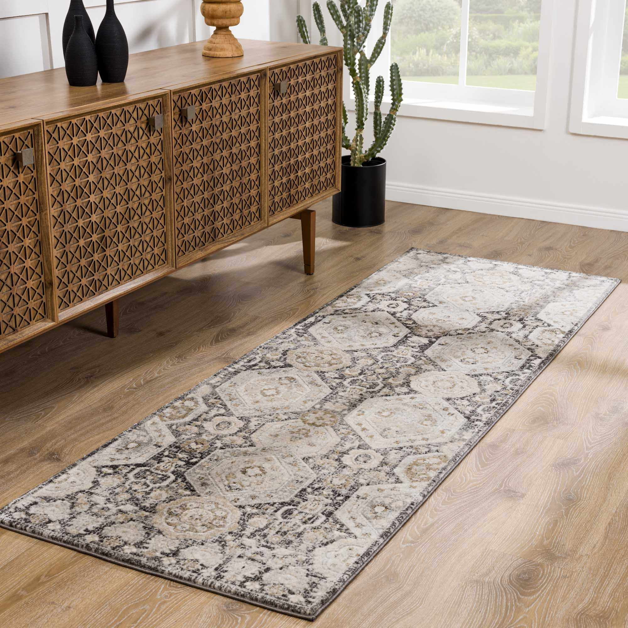 Minoa Beige and Black Traditional Runner Rug 2'7" x 7'3"