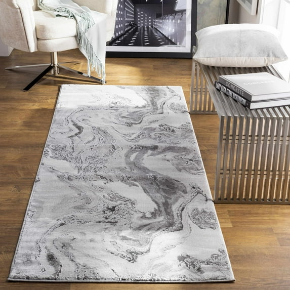 Hauteloom Dash Hallway, Kitchen Runner Rug - Marble Abstract Swirl Ombre - Contemporary Modern Minimalist Transitional - Light Gray, White, Charcoal, Gray, Silver - 2'7" x 7'7"