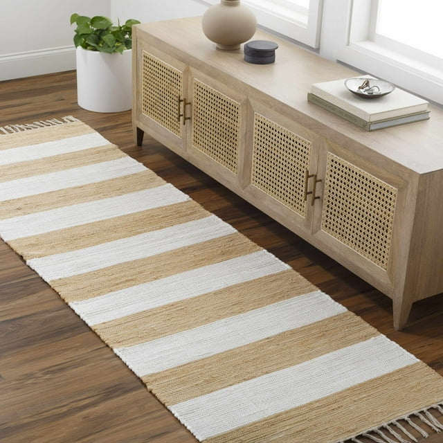 Hauteloom Moby Recycled Material Striped Farmhouse Hallway, Kitchen Runner Rug - Casual Performance Carpet with Tassel, Fringe - Orange, White - 2'6" x 8'