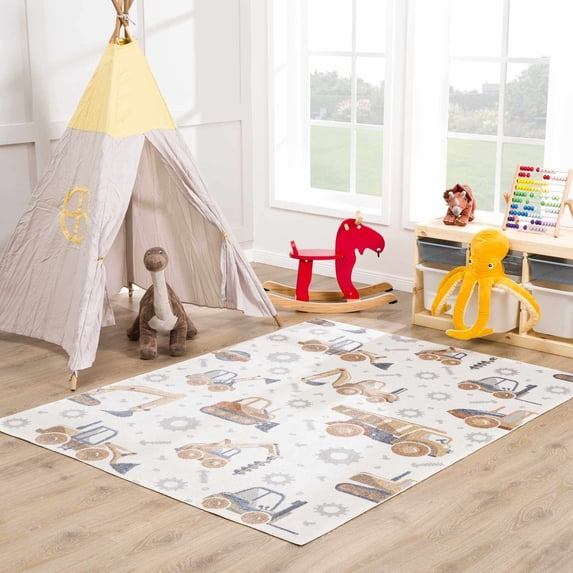 Hauteloom Mochi Kids Room, Nursery Machine Washable Area Rug - Construction Vehicles Machines - Cream, Brown, Beige - 5'3" x 7'
