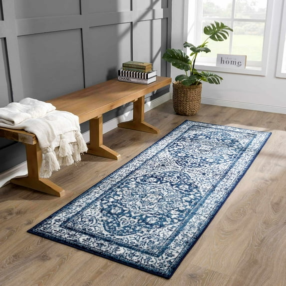 Hauteloom Monaco Collection Hallway, Kitchen Oriental Runner Rug - Traditional Look Carpet - Vintage Distressed - Blue, Navy, Gray, White - 2'7" x 7'3"