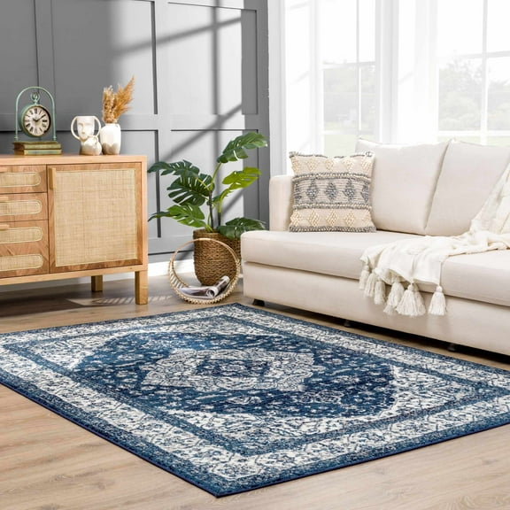 Hauteloom Monaco Collection Living Room, Bedroom Oriental Area Rug - Traditional Look Carpet - Vintage Distressed - Blue, Navy, Gray, White - 8'10" x 12'