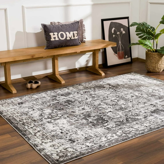 Hauteloom Monaco Collection Living Room, Bedroom Oriental Area Rug - Traditional Look Carpet - Vintage Distressed - Dark Gray, Cream, Beige - 6'7" x 9'