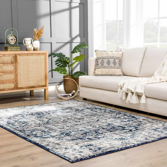Hauteloom Monaco Collection Living Room, Bedroom Oriental Area Rug - Traditional Look Carpet - Vintage Distressed - Gray, Blue, Navy - 8'10" x 12'