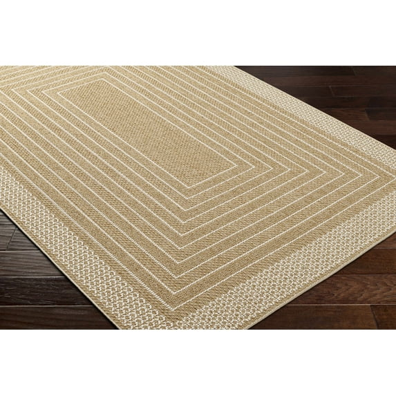 Hauteloom Mopsa Modern Geometric Bordered Area Rug - Minimalist Striped Carpet for Living Room, Patio, Terrace - Outdoor Safe - Beige - 7'10" Round