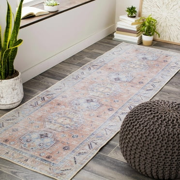 Hauteloom Morcott Traditional Hallway Entryway Kitchen Runner Rug - Machine Washable - Vintage Distressed Faded Long Carpet - Bohemian Boho - Pale Pink/Red, Blue - 2'7" x 10'