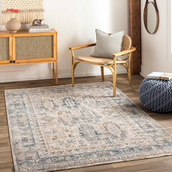 Hauteloom Mundesley Traditional Medallion Area Rug - Vintage Distressed Look Oriental Carpet for Living Room, Bedroom - Farmhouse - Beige, Brown, Blue - 9' x 12'2"