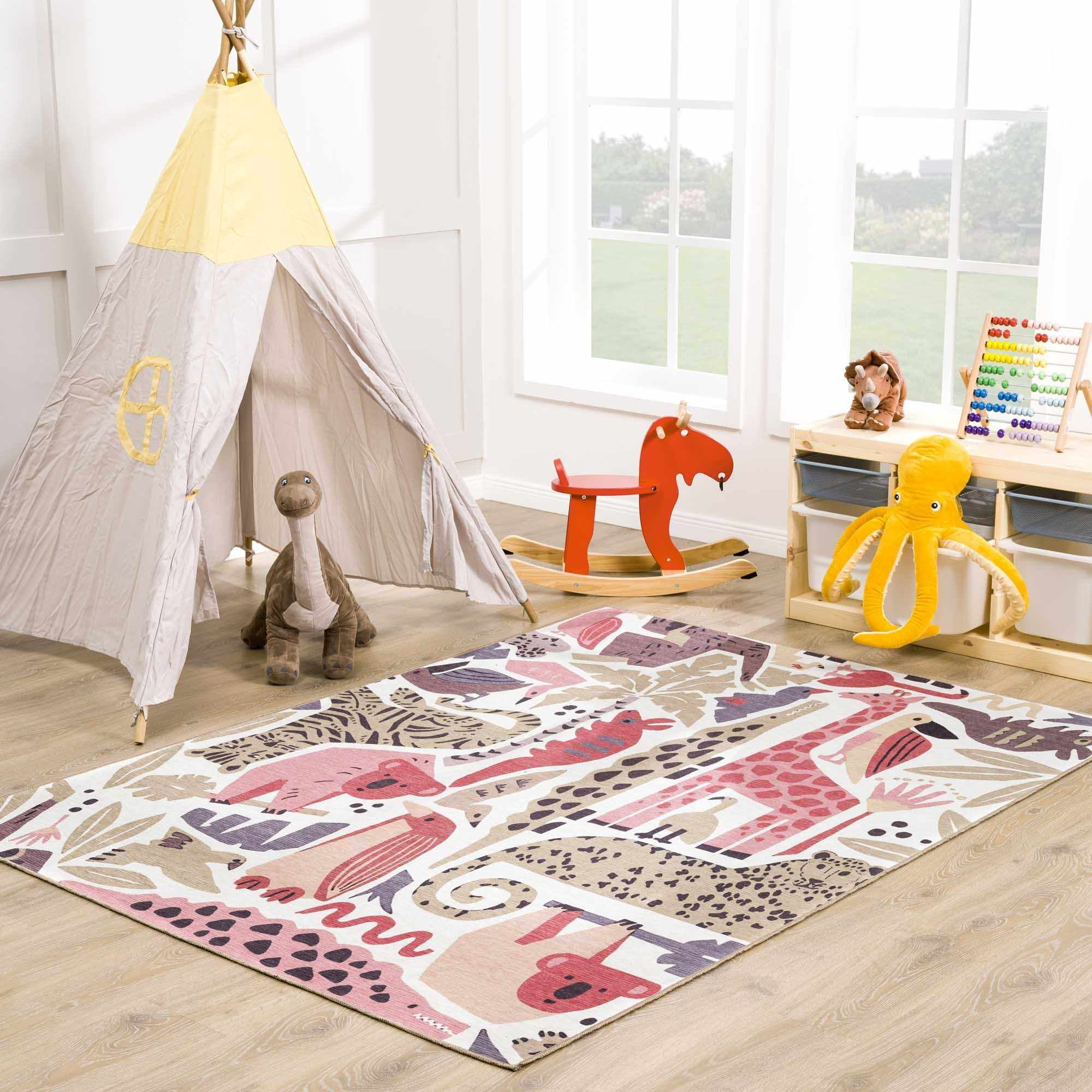 Hauteloom Natal Kids Room, Nursery Machine Washable Area Rug - Animals - Beige, Terracotta - 5'3" x 7'3"