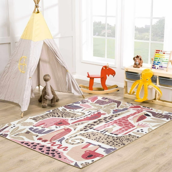 Hauteloom Natal Kids Room, Nursery Machine Washable Area Rug - Animals - Beige, Terracotta - 5'3" x 7'3"