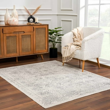 Hauteloom Neutral Collection Michie Modern Minimalist Living Room, Bedroom, Dining Room Area Rug - Bohemian Boho Distressed Carpet - Cream, Beige, Light Grey, Dark Gray - 7'10" x 10'