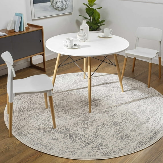 Hauteloom Neutral Collection Michie Modern Minimalist Living Room, Bedroom, Dining Room Round Area Rug - Bohemian Boho Distressed Carpet - Cream, Beige, Light Grey, Dark Gray - 6'7" Circle