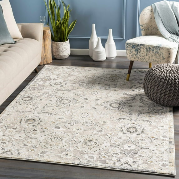 Hauteloom Neutral Collection Moelfre Minimalist Floral Living Room Bedroom Area Rug - Modern Traditional Farmhouse Carpet - Cream, Beige, Grey - 6'7" x 9'6"