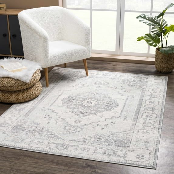 Hauteloom Neutral Collection Tacik Oriental Farmhouse Living Room Bedroom Area Rug - Vintage Distressed - Boho Chic Medallion Pattern - Ivory, Beige, Gray - 5'3" x 7'