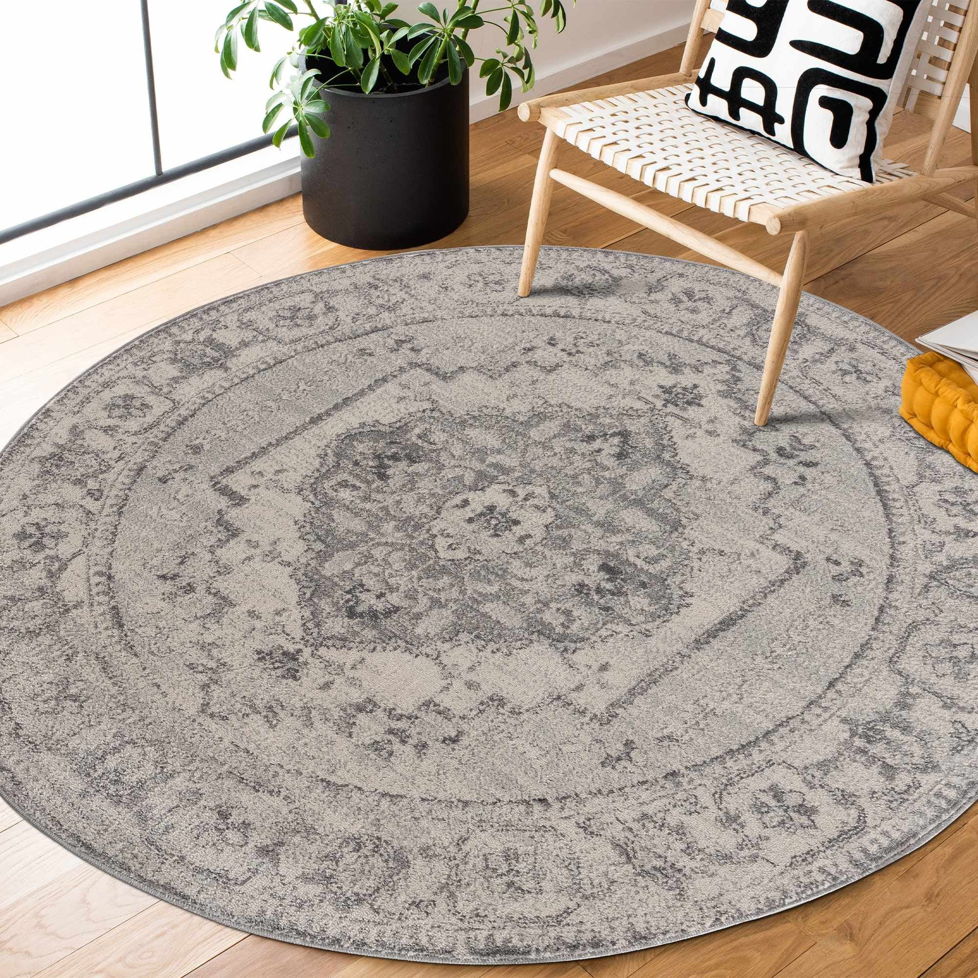 Hauteloom Neutral Collection Tacik Oriental Farmhouse Living Room Bedroom Round Under Table Area Rug - Vintage Distressed - Boho Chic Medallion Pattern - Ivory, Beige, Gray - 5'3" Circle/Circular