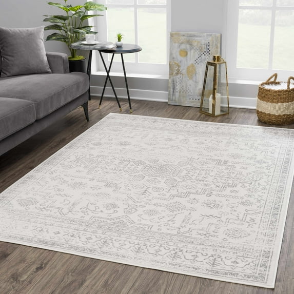 Hauteloom Neutral Collection Trier Oriental Farmhouse Living Room Bedroom Dining Room Area Rug - Vintage Distressed - Traditional Anatolian Pattern - Ivory, Beige, Gray - 7'10" x 10'