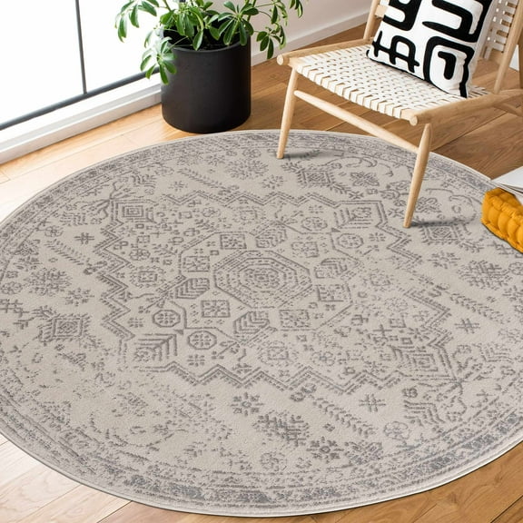 Hauteloom Neutral Collection Trier Oriental Farmhouse Living Room Bedroom Round Under Table Area Rug - Vintage Distressed - Traditional Anatolian Pattern - Ivory, Beige, Gray - 6'7" Circle/Circular