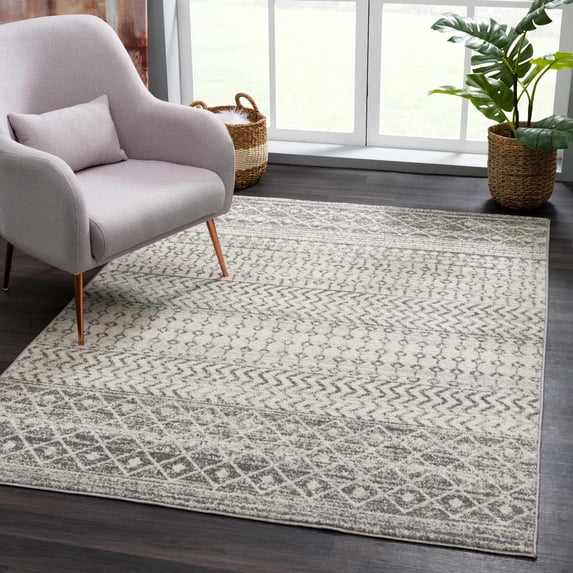 Hauteloom New Harput Moroccan Trellis Farmhouse Area Rug - Living Room, Bedroom Carpet - Bohemian, Distressed - Geometric, Chevron Pattern - Beige, Dark Gray, Light Grey, Off White - 5'3" x 7'3"