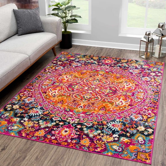 Hauteloom New Marlbora Runner Rug - Medallion Floral Border Distressed Abstract - Traditional Oriental Boho Transitional - Burgundy, Burnt Orange, Ivory, Multicolor, Pink - 2'7" x 7'3"