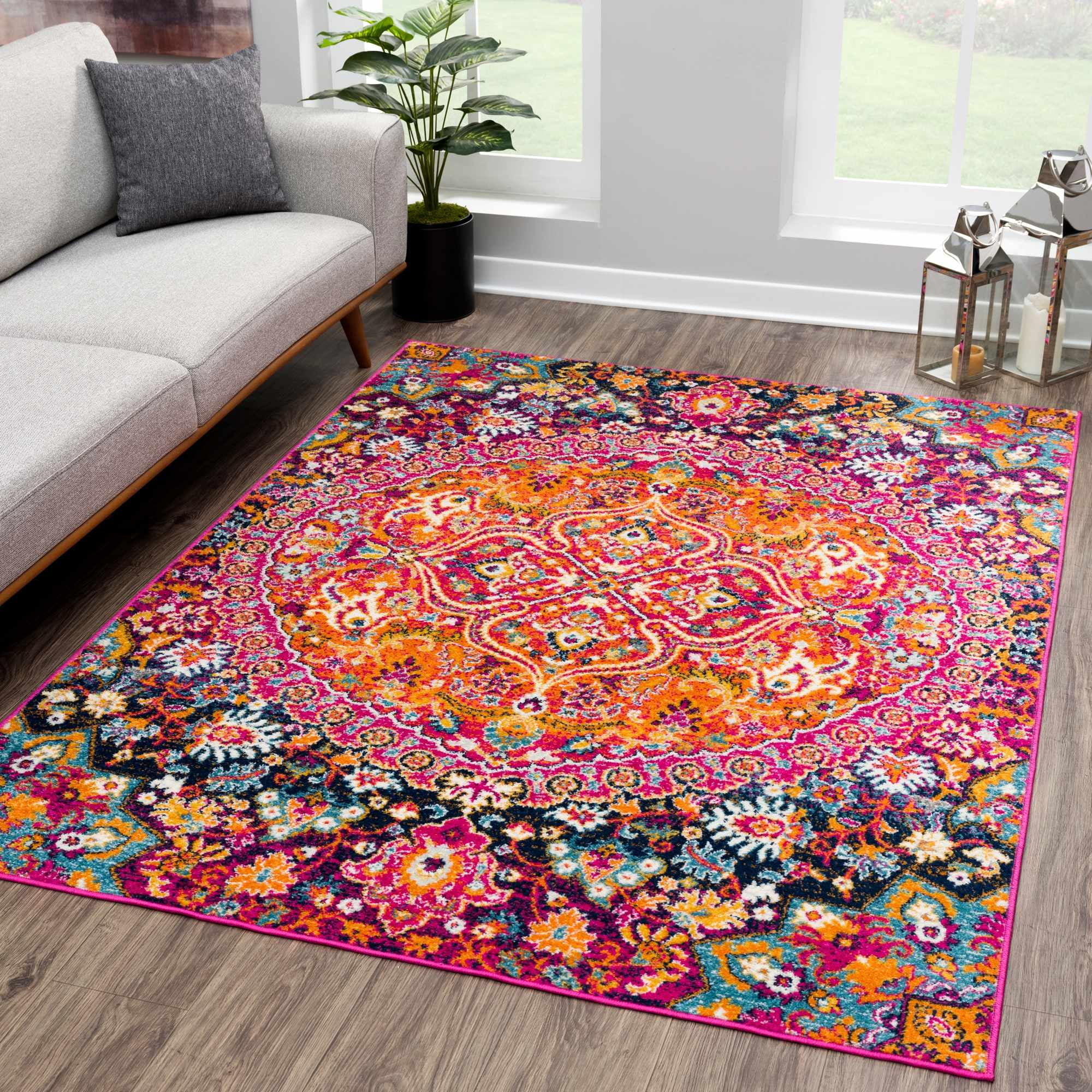 Colorful Oriental Synthetic Rectangular Area Rug, 6'7" x 9'