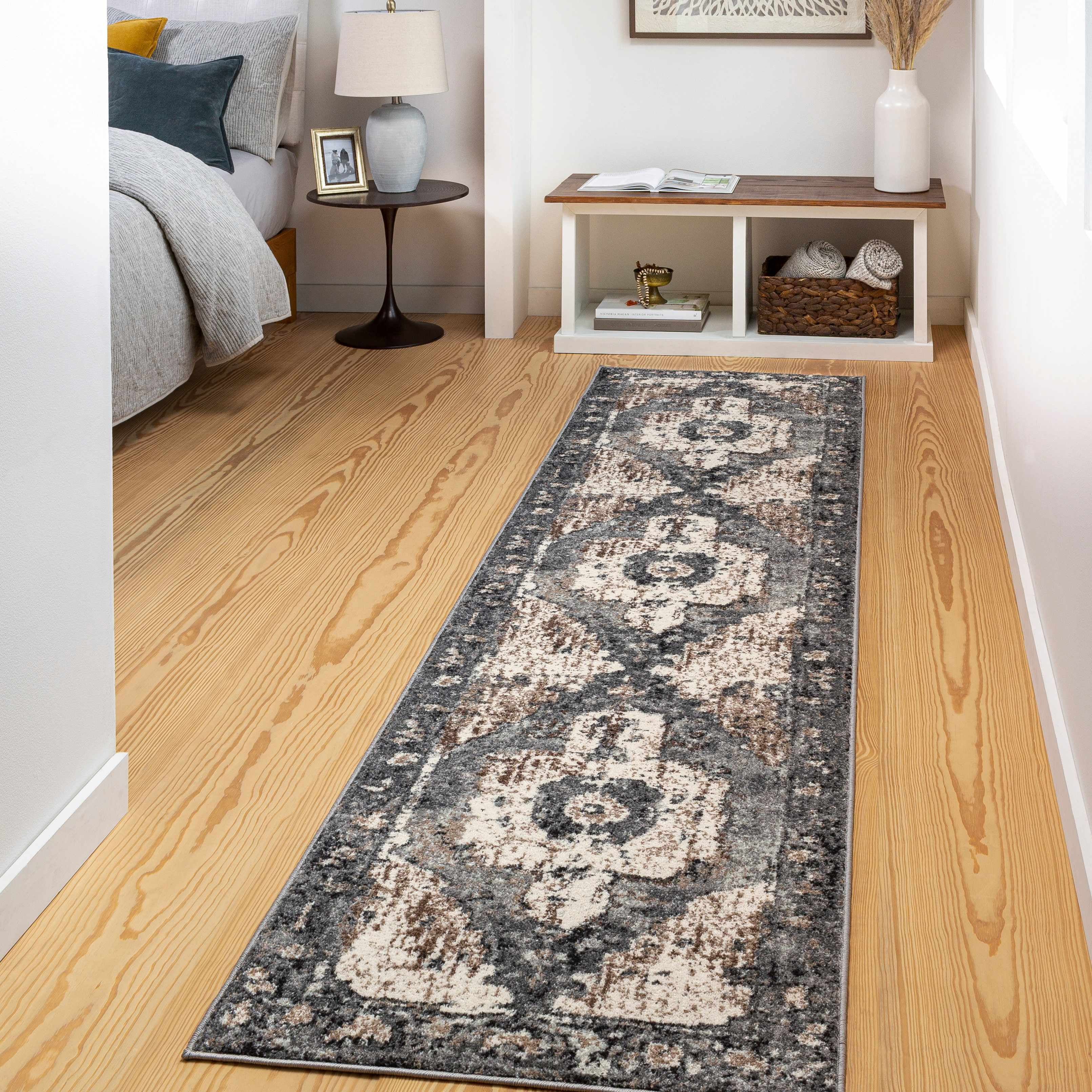 Ivory and Charcoal Polypropylene Traditional Runner Rug
