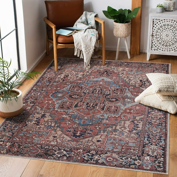 Hauteloom Neyland Machine Washable Living Room Rug - Oriental Traditional Medallion Carpet - Vintage Bohemian Look - Dark Red, Burgundy, Blue - 3'6" x 5'6"