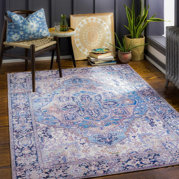 Hauteloom Neyland Oriental Living Room Area Rug - Traditional Authentic Medallion Style Carpet - Blue, Purple, Grey, Olive Green - 9' x 12'