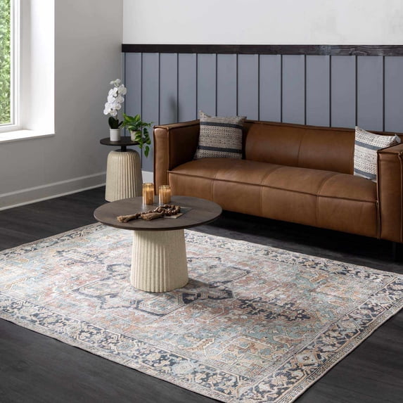 Hauteloom Nisa Living Room, Bedroom Machine Washable Area Rug - Traditional - Sage, Brick Red, Navy - 6'7" x 9'