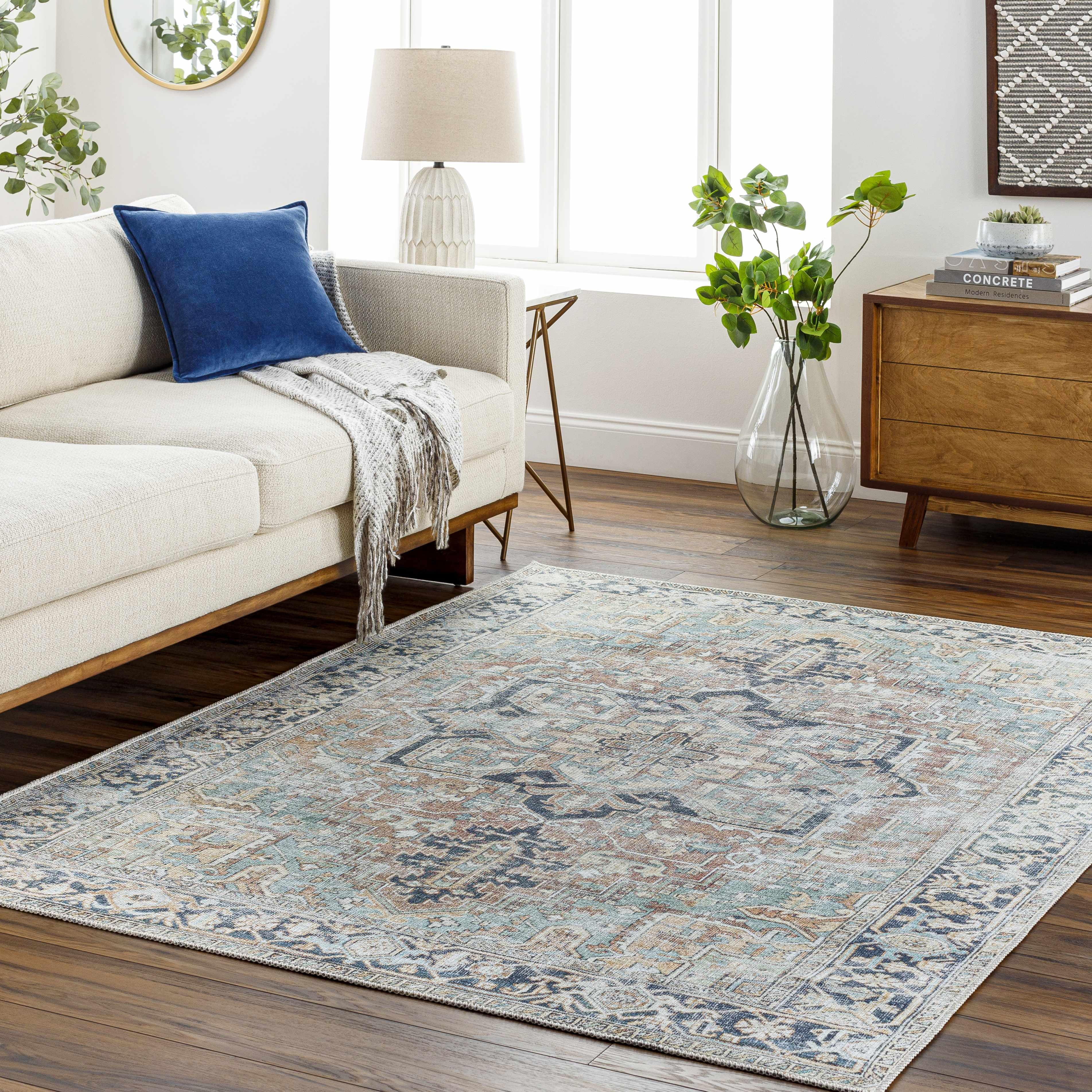 Hauteloom Gray and Navy Washable Polyester Area Rug 8'10" x 12'