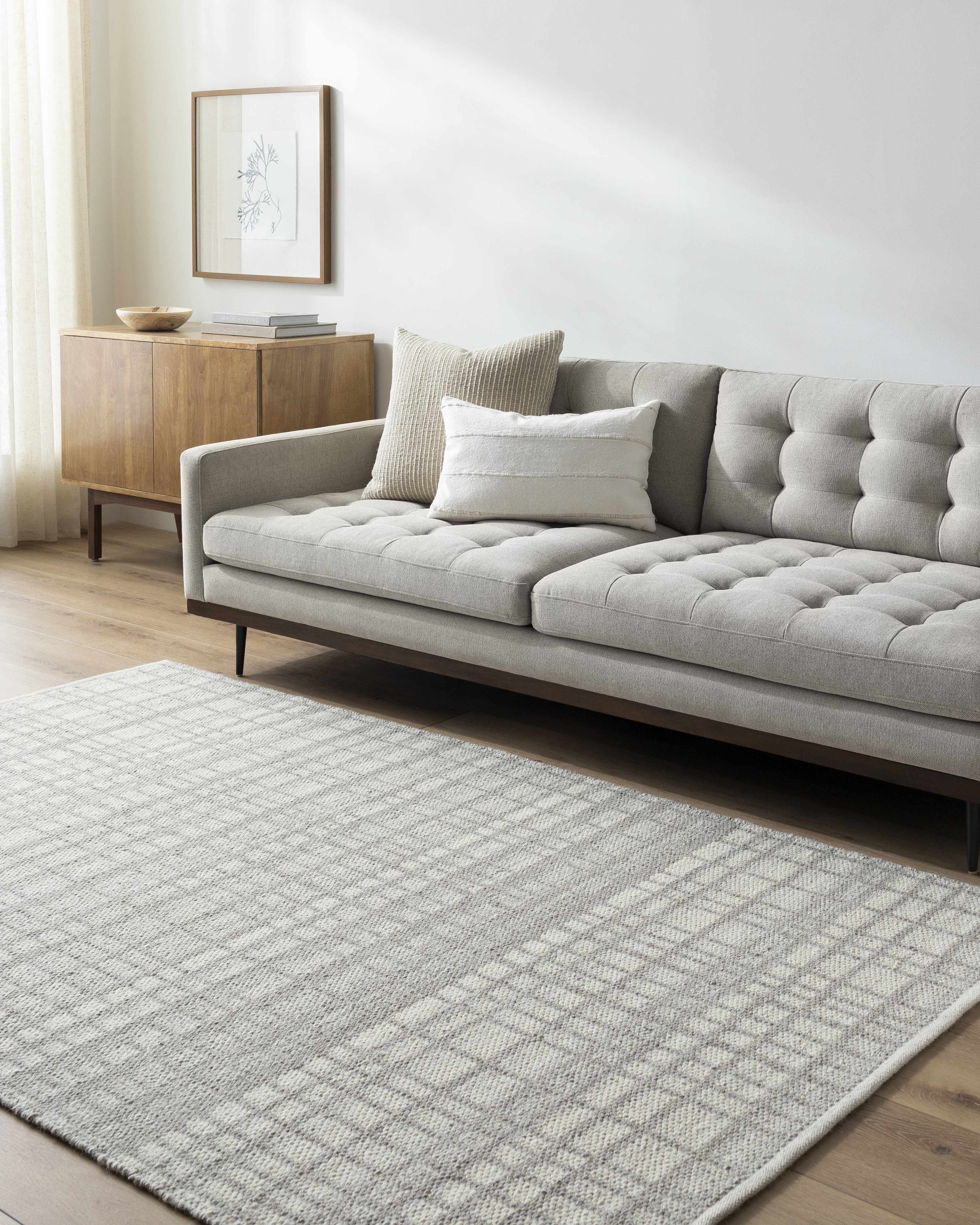 Hauteloom Nissa Wool Living Room, Bedroom Area Rug - Checkered Geometric Square Plaid - Gray, White, Off White - 2' x 3'