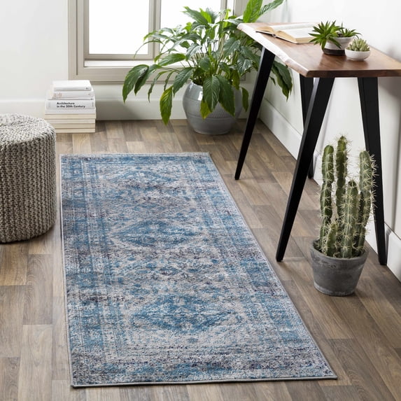 Hauteloom Nisula Hallway, Kitchen Runner Rug - Traditional Bohemian Medallion Carpet - Gray, Light Gray, Blue - 2'7" x 10'
