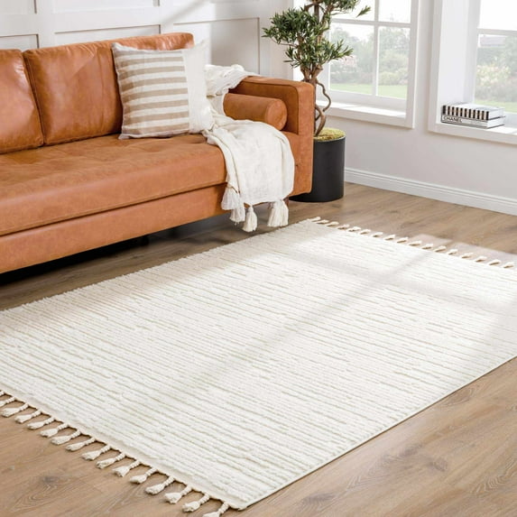 Hauteloom Kulu Living Room, Bedroom Area Rug - Bohemian, Transitional - High Pile - Light Gray, Cream - 5'3" x 7'