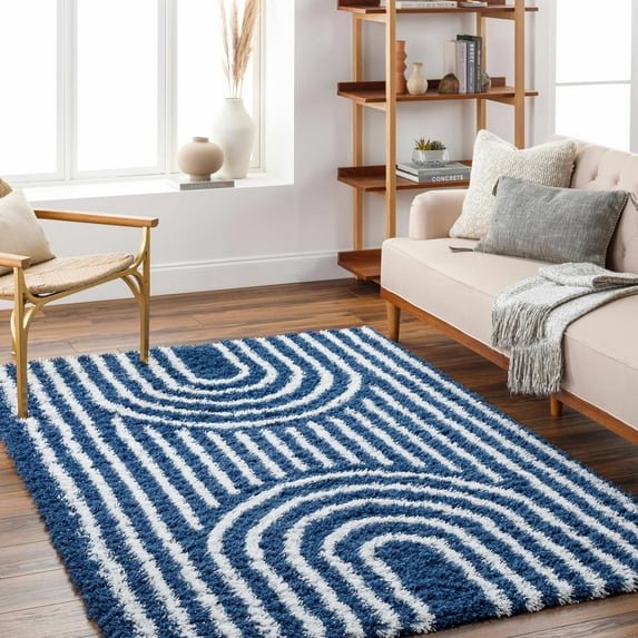 Hauteloom Noah Libe Living Room, Bedroom Soft Shag Striped Area Rug - High Shaggy Plush Pile - High Low - Boho Farmhouse - Gray, White, Blue - 5'3" x 7'3"