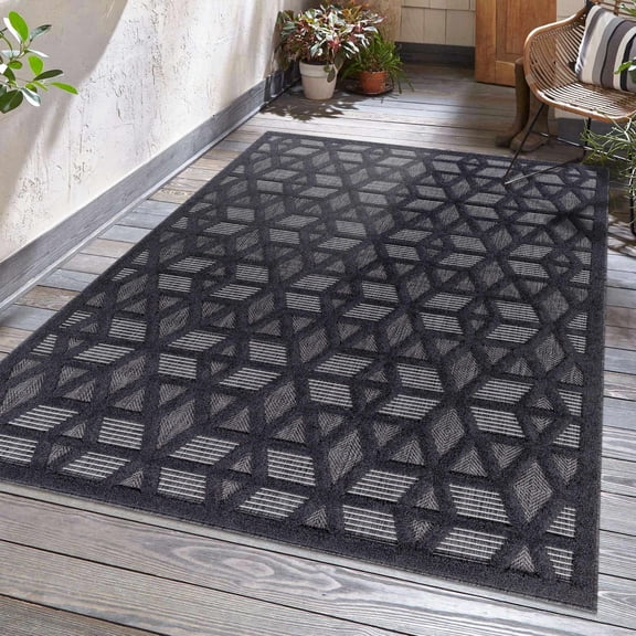 Hauteloom Nuri Outdoor Area Rug - Outside Porch Patio Rug Carpet - Waterproof Rug - Moroccan Farmhouse High Low - Black, Gray, Dark Grey - 7'10" x 10'