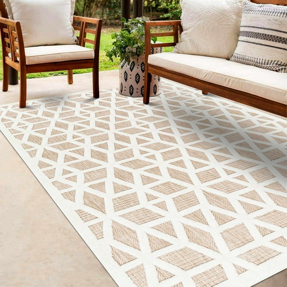 Hauteloom Nuri Outdoor Area Rug - Outside Porch Patio Rug Carpet - Waterproof Rug - Moroccan Farmhouse High Low - Brown, Cream, Beige - 5'3" x 7'