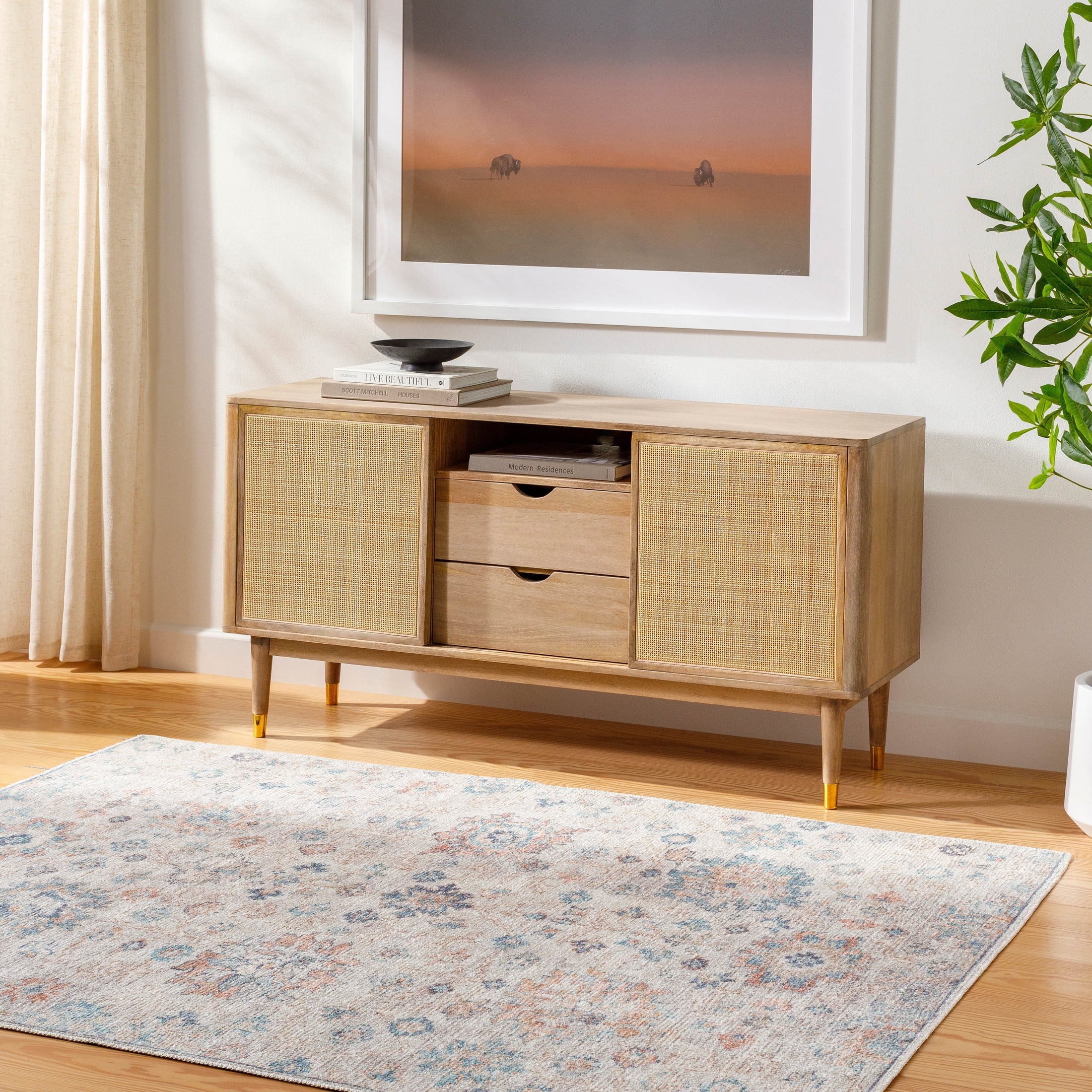 Gray and Beige Synthetic Medium Pile Rectangular Area Rug