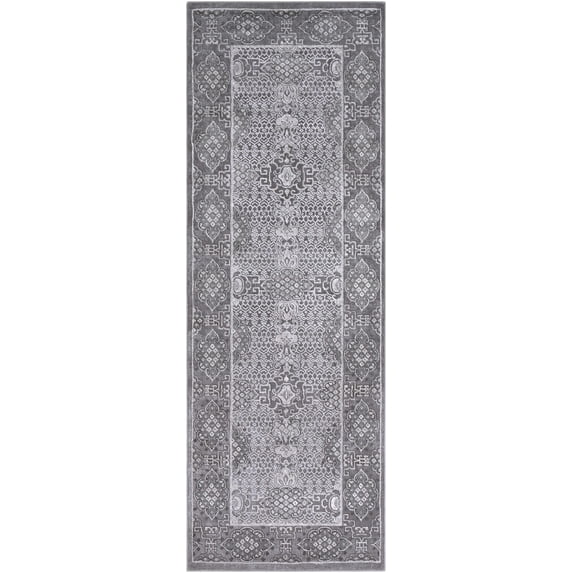 Hauteloom Bupit Hallway, Kitchen Runner Rug - Border Medallion Geometric - Traditional Oriental Transitional - Gray, Dark, White - 2'7" x 7'7"