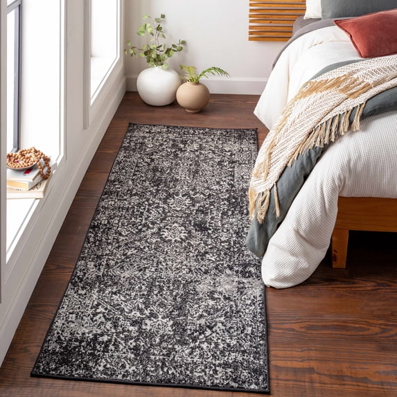 Hauteloom Painswick Medallion Hallway Runner Rug - Moroccan Bohemian Farmhouse - Traditional Vintage - Black, White, Ivory - 2'7" x 7'3"