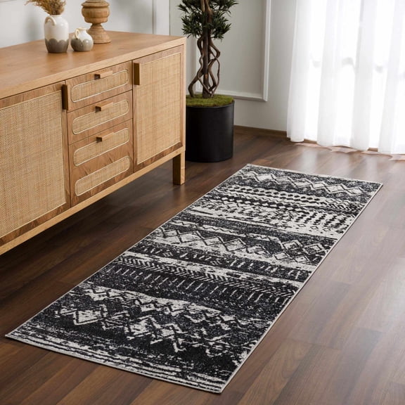 Hauteloom Palali Hallway, Kitchen Machine Washable Runner Rug - Black, Gray - 2'7" x 7'3"