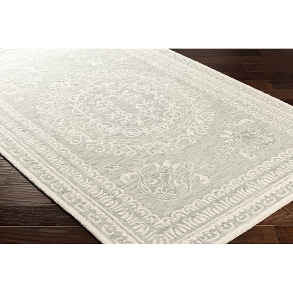 Hauteloom Parsonsburg Boho Hand Tufted Natural Fiber Wool Area Rug - Traditional Floral Carpet for Living Room, Bedroom, Dining Room - Green, Ivory - 2' x 3'