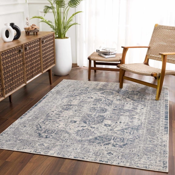 Hauteloom Peeta Boho Faded Vintage Look Oriental Medallion Area Rug - Farmhouse Traditional Floral Carpet for Living Room, Bedroom, Dining Room - Cream, Gray, Blue - 6'7" x 9'