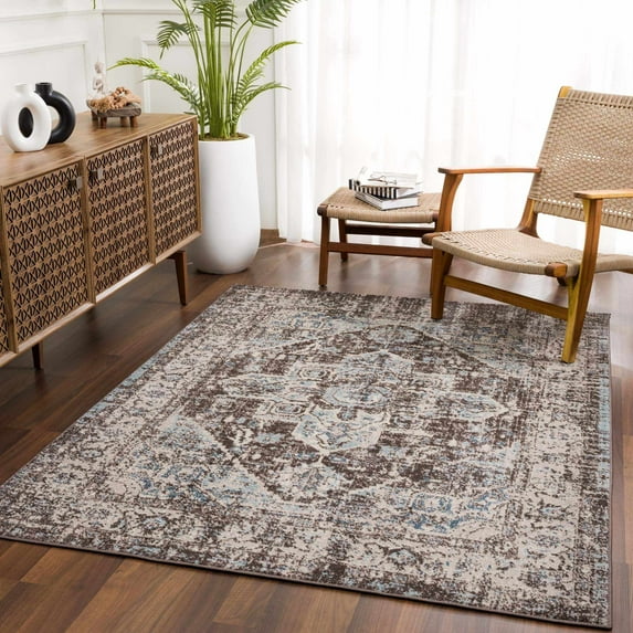Hauteloom Peeta Boho Faded Vintage Look Oriental Medallion Area Rug - Farmhouse Traditional Floral Carpet for Living Room, Bedroom, Dining Room - Brown, Beige, Blue - 6'7" x 9'