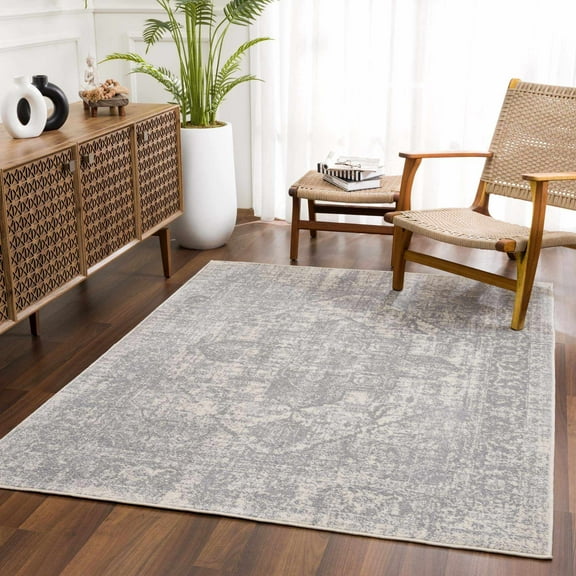Hauteloom Peeta Boho Faded Vintage Look Oriental Medallion Area Rug - Farmhouse Traditional Floral Carpet for Living Room, Bedroom, Dining Room - Cream, Gray - 6'7" x 9'