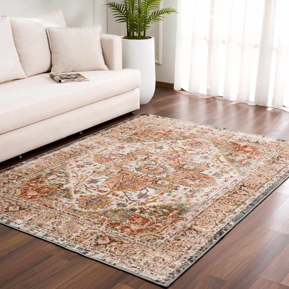 Hauteloom Peeta Boho Faded Vintage Look Oriental Medallion Area Rug - Farmhouse Traditional Floral Carpet for Living Room, Bedroom, Dining Room - Cream, Pink, Blush - 6'7" x 9'