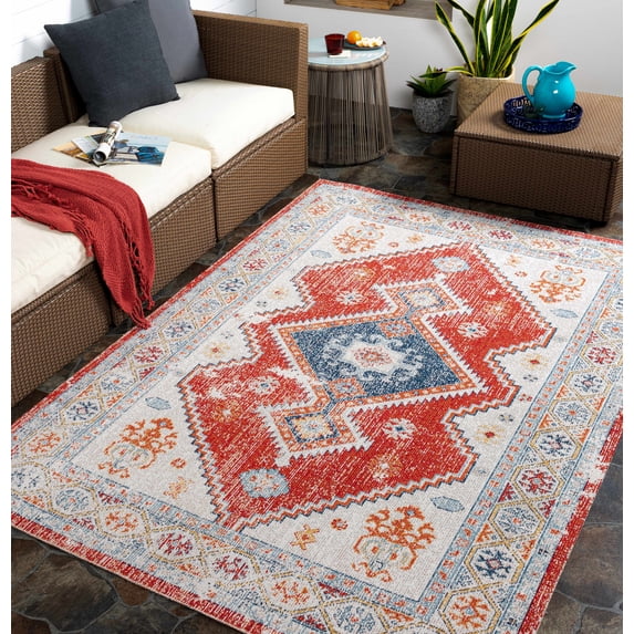Hauteloom Penhold Living Room, Bedroom Patio Outdoor Area Rug - Beige, Blue, Red - 6'7" x 9'